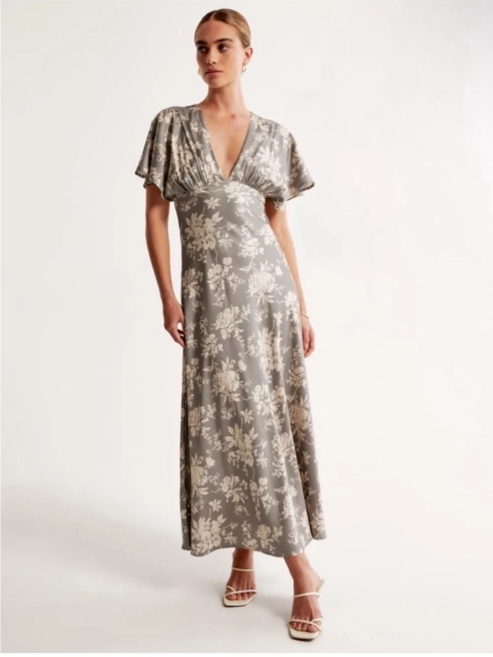 Abercrombie & Fitch Flutter Sleeve Satin Maxi Dress in Grey Floral Deep V Neck